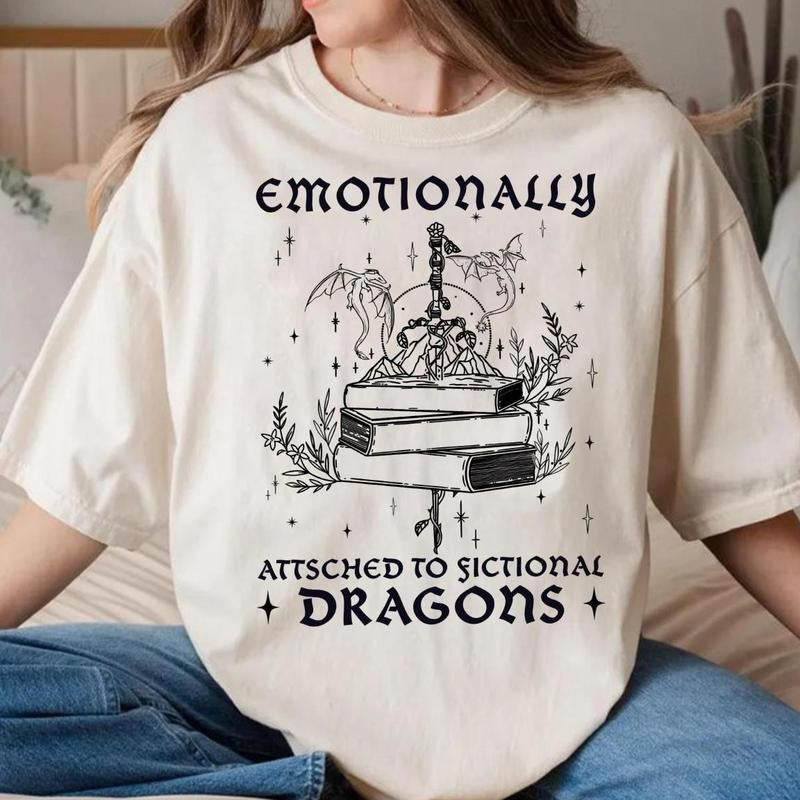 Emotionally Attached to Fictional Dragons T-Shirt, Fantasy Bookish Tee, Mythical Creature Aesthetic Shirt, Sword and Books