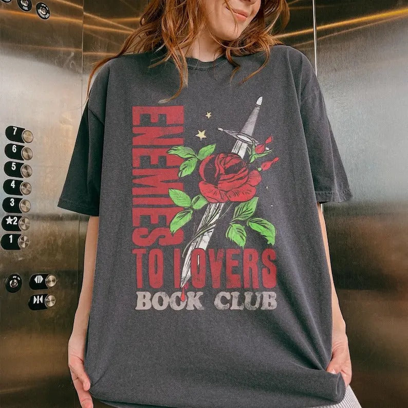 Enemies to Lovers Book Club, Graphic Tee for Book Lovers Womenswear Basic Crewneck Casual Basic Shirt