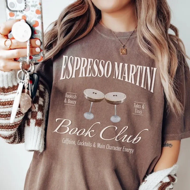 Espresso Martini Shirt, Book Club Tshirt, Coffee Lover Gift, Bookworm Tee, Librarian Crewneck, Bookish Cocktail Lover Shirt