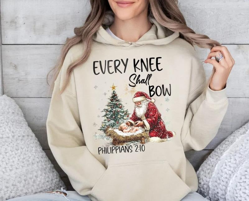 Every Knee Shall Bow Sweatshirt, Nativity Scene, Santa Christmas Shirt, Kneeling Santa, Baby Jesus Hoodie, Unisex Sweater Pullover Tee Fit