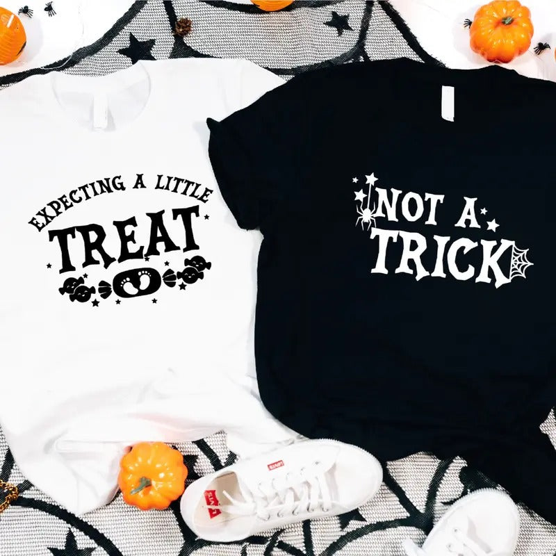 Expecting A Little Treat T-Shirt, Not A Trick Shirt, Halloween Pregnancy Announcement Tee, Matching Baby Shower Party Tee, Mom To Be Gift Shirt.