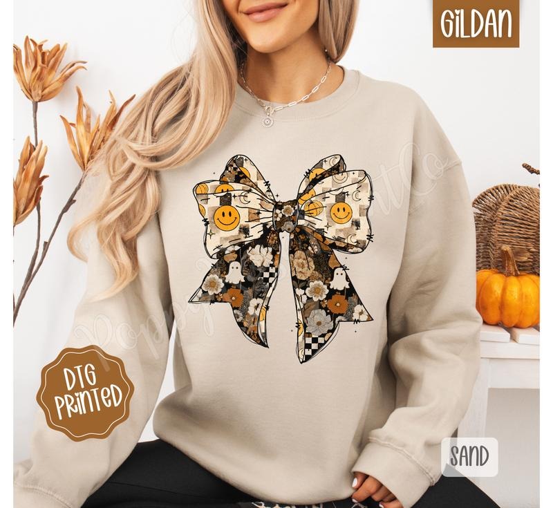Fall Collage Bow Sweatshirt, Trendy Women's Autumn Sweater