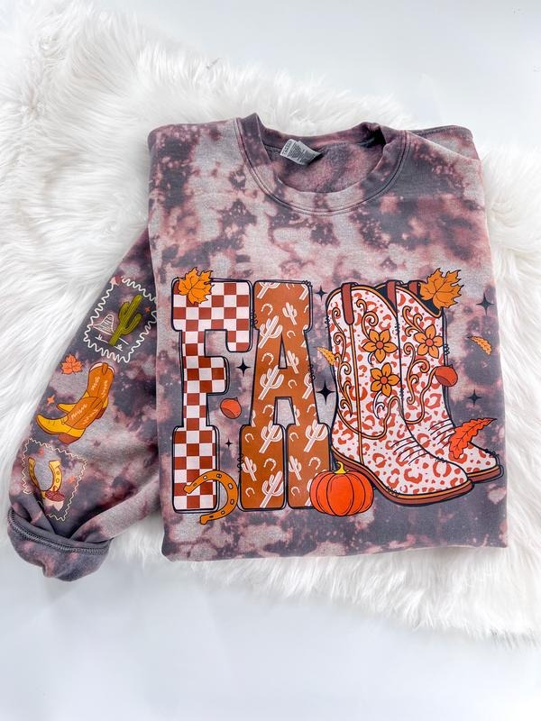 Fall Cowboy Western Boot Falling Leaves Bleached Graphic Sweatshirt or Hoodie Unisex Womenswear Crewneck Casual Top DTF Printed Coton Poly Blend