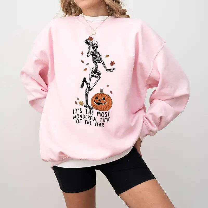 Fall It's The Most Wonderful Time Sweatshirt, Dancing Skeleton Pumpkin Sweater, Skeleton Fall Halloween T-Shirt, Halloween Skeleton Tee Shirt, Spooky Season Pumpkin Shirt