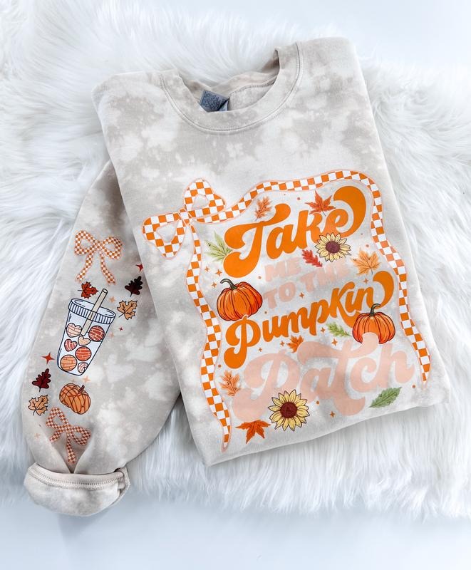 Fall Take Me to the Pumpkin Patch Falling Leaves Bleached Graphic Sweatshirt or Hoodie Unisex Womenswear Crewneck Casual Top DTF Printed Coton Poly Blend