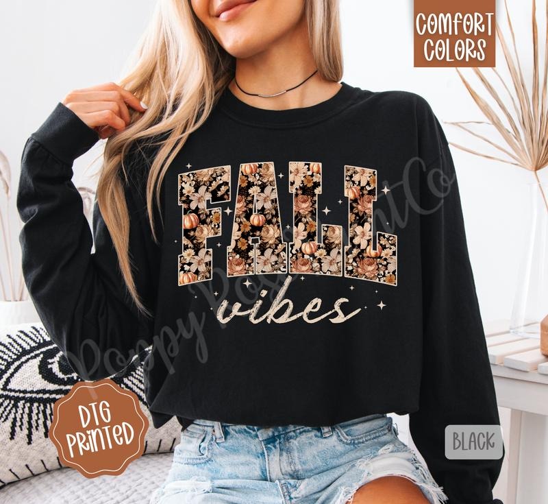 Fall Vibes Comfort Colors Long Sleeve T-Shirt, Cute Women's Autumn Tee