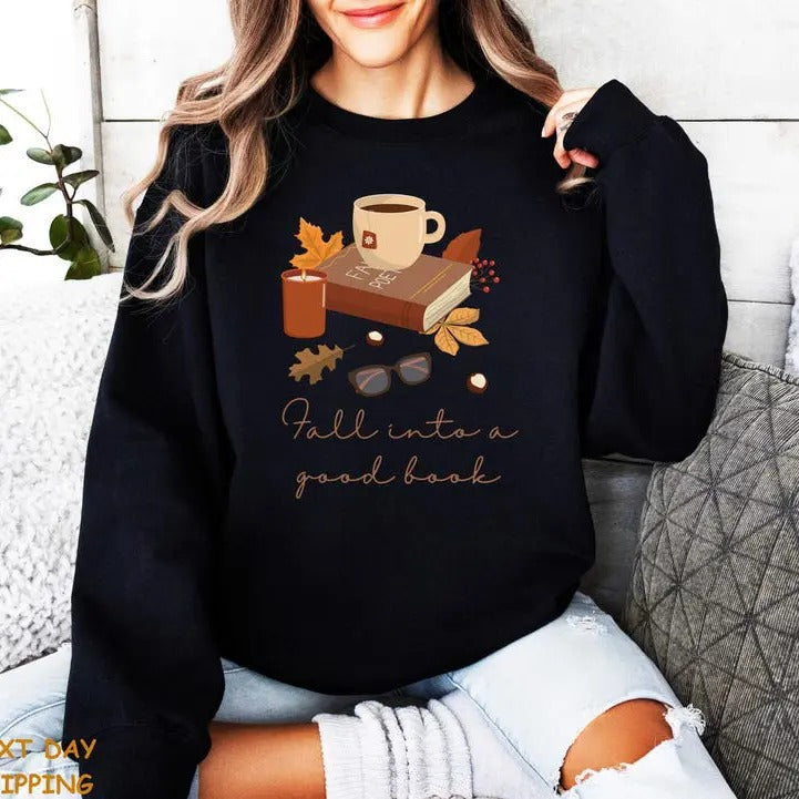Fall into a good book Sweatshirt, Autumn Hoodie, T-shirt Casual Cotton Fabric Jersey
