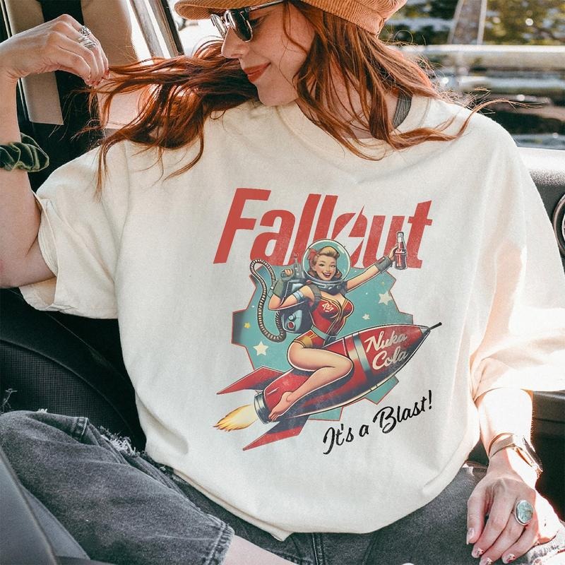 Fallout Graphic Shirt Retro Nuka Cola Bottle Cap with Vintage Ad on Back Video Game Hoodie Fall Out Vault Tec Memorabilia Sweatshirt