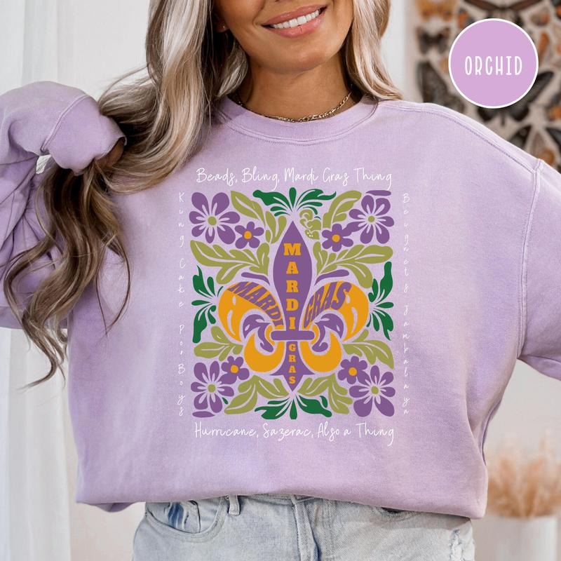 Fat Tuesday Mardi Gras Sweatshirt, Mardi Gras Fleur-de-Lis Sweatshirt, Beads Bling Mardi Gras Mardi Gras Celebration Shirt