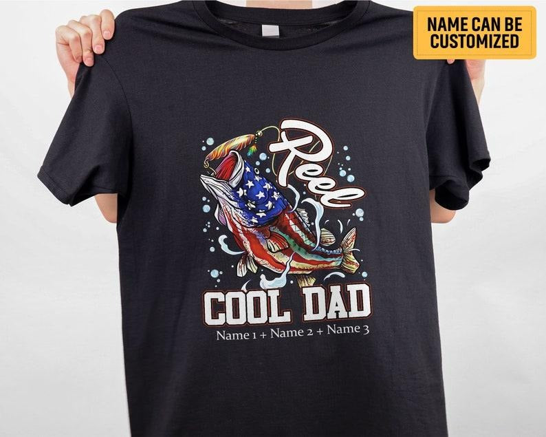 Father's Day Gifts Custom Kids Name American Flag Reel Cool Dad T Shirt Hoodie Sweater, Father's Day Birthday Fishing Dad Shirt, Father's Day Shirt, Patriotic 4th of July Tee