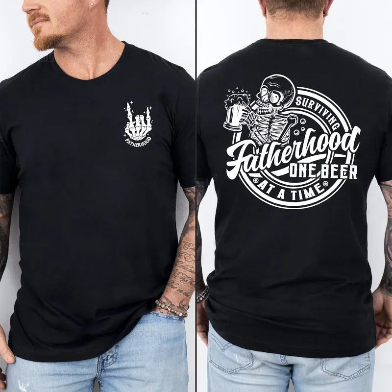 Fatherhood surviving one beer at a time Shirt, Fatherhood Tee, Dad Shirt, Skull Tee, Rock skeleton hand Shirt, retro fatherhood Shirt