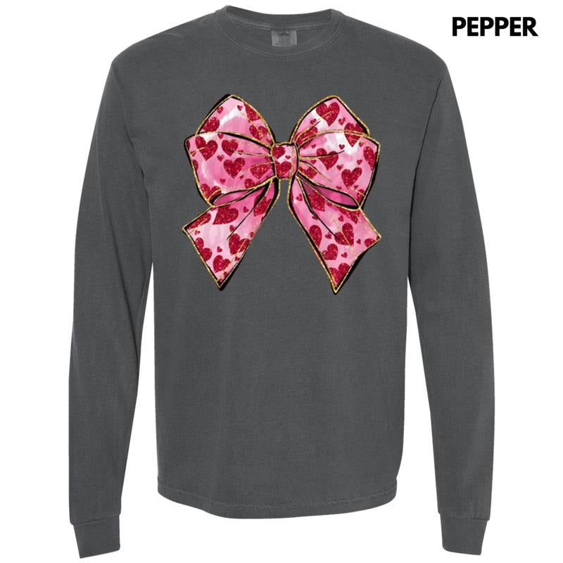 Faux Glitter Heart Bow Long Sleeve Comfort Colors T-Shirt