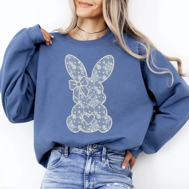 Faux Lace Bunny, Coquette, Easter, Bunny, Jesus, Rabbit, Holiday Sweatshirt, Crew Neck, Women's, Crewneck
