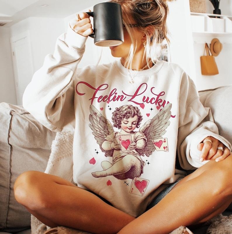 Feeling Lucky Cupid Valentines Sweatshirt Valentines Day , Funny Vday , Aesthetic Valentines , Love, Heart