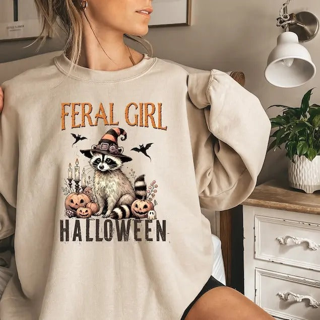 Feral Girl Halloween sweatshirt, Funny Raccoon Shirt, pumpkin shirt, Halloween sweatshirt, Funny Halloween Shirt, Halloween Girl Shirt,