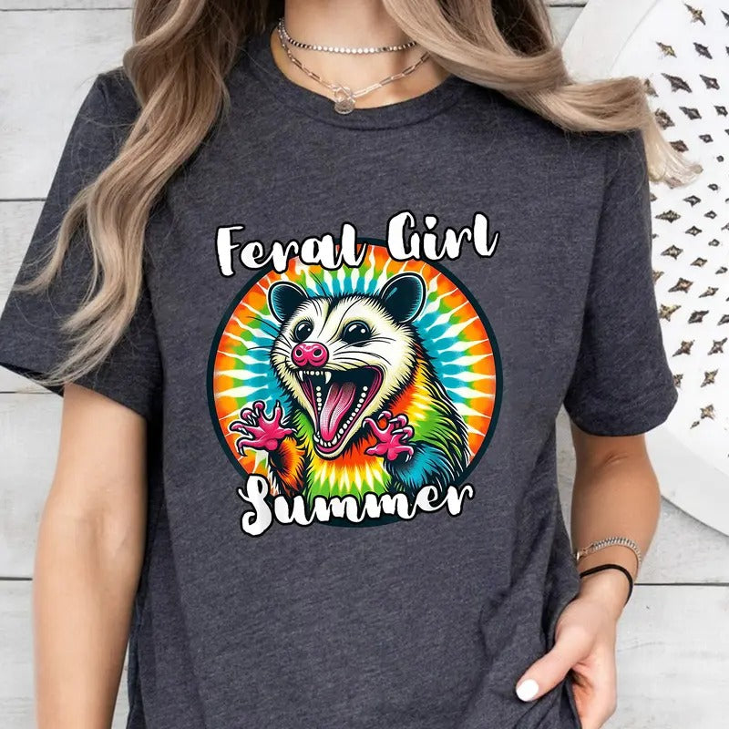 Feral Girl Summer T Shirt, Trendy Summer Graphic T-Shirt, Women's Graphic T-Shirt, Feral Girl Summer Opossum Shirt, Funny Meme Opossum T Shirt, Feral Shirt