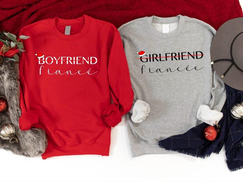 Fiancée and Fiancé Christmas Sweatshirt, Matching Engagement Sweater, Couples Girlfriend Boyfriend X-mas Party Hoodie, Newly Engaged Christmas Gift Sweater.