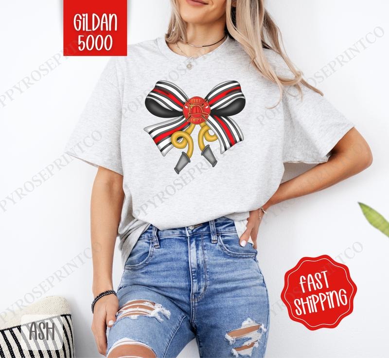 Firefighter Coquette Bow Gildan, Trendy Bow Women's Tee, Cute Women's Tshirt Plus Sizes