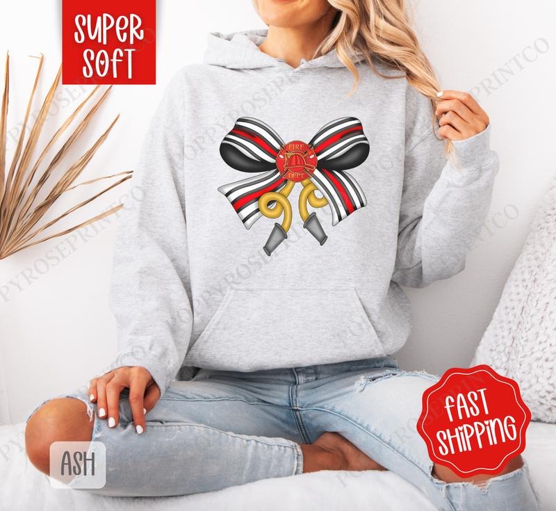 Firefighter Coquette Bow Hoodie, Cute Women's Crewneck, Trendy Women's Hooded Sweater