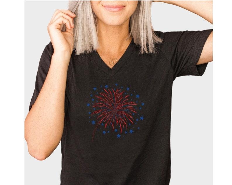 Firework USA V-Neck Shirt, 4th Of July Shirt, Independence Day Shirt, Gift For American, Red White Blue Shirt, Patriotic Shirt, American Tee