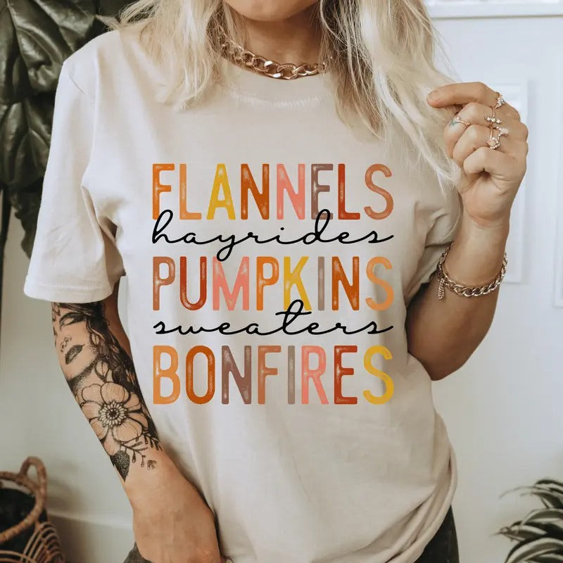 Flannels Pumpkins Bonfires Fall Shirt. Casual Fall Softstyle Unisex T-Shirt. Cute Graphic Tee