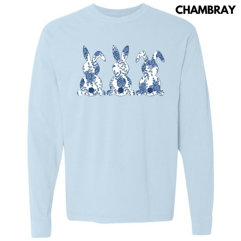 Floral Blue Bunny Trio Long Sleeve Comfort Colors T-Shirt 'NLB'