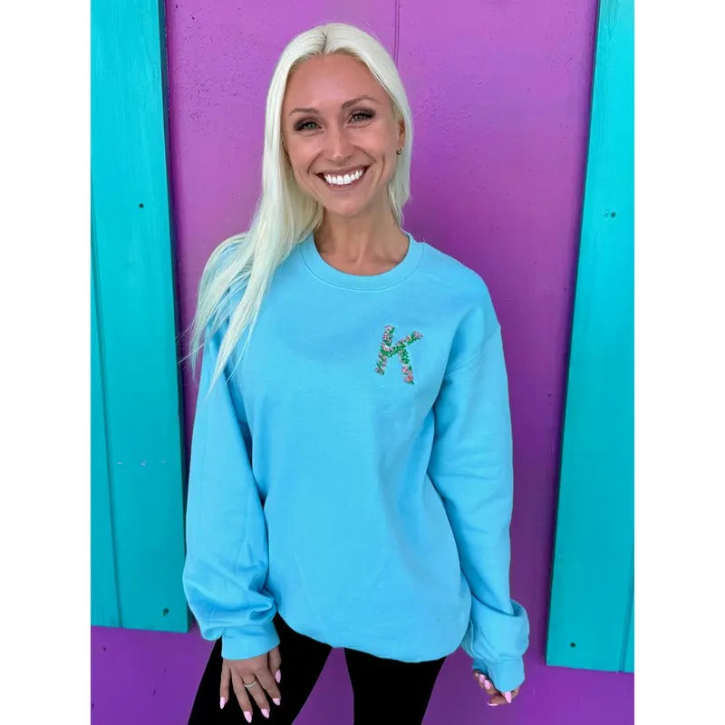 Floral Embroidered Initial Sweatshirt (S-XL)