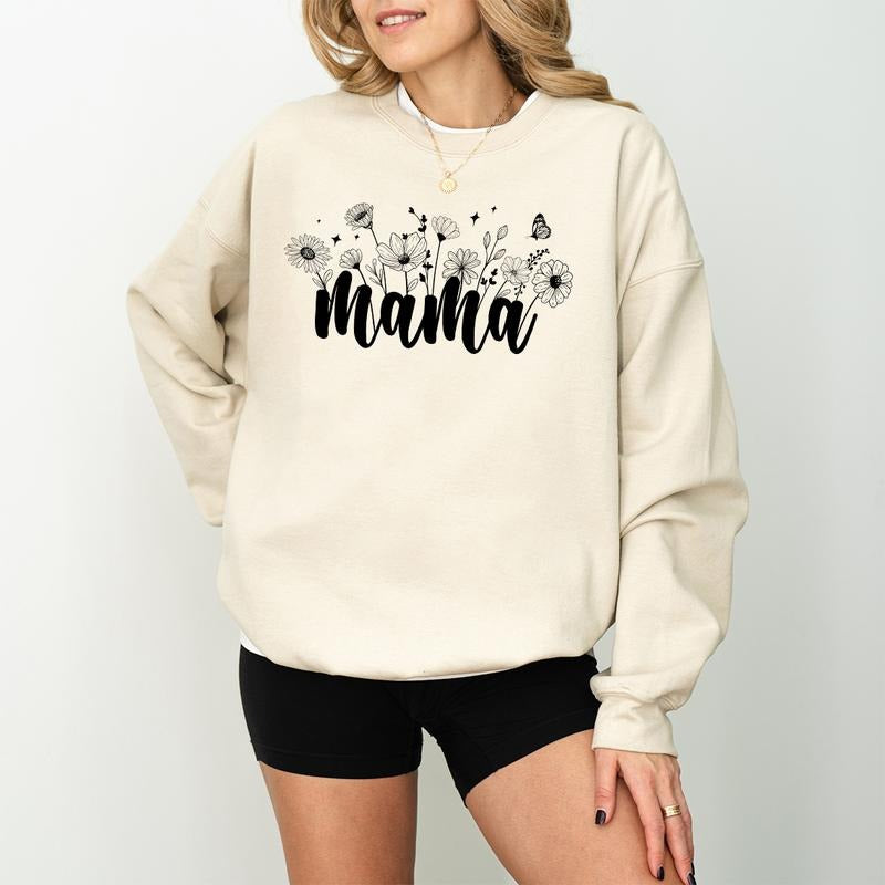 Floral Mama Coquette Bow Sweatshirt, For Women Retro Mother's Day Crewneck Long Sleeve Pullover