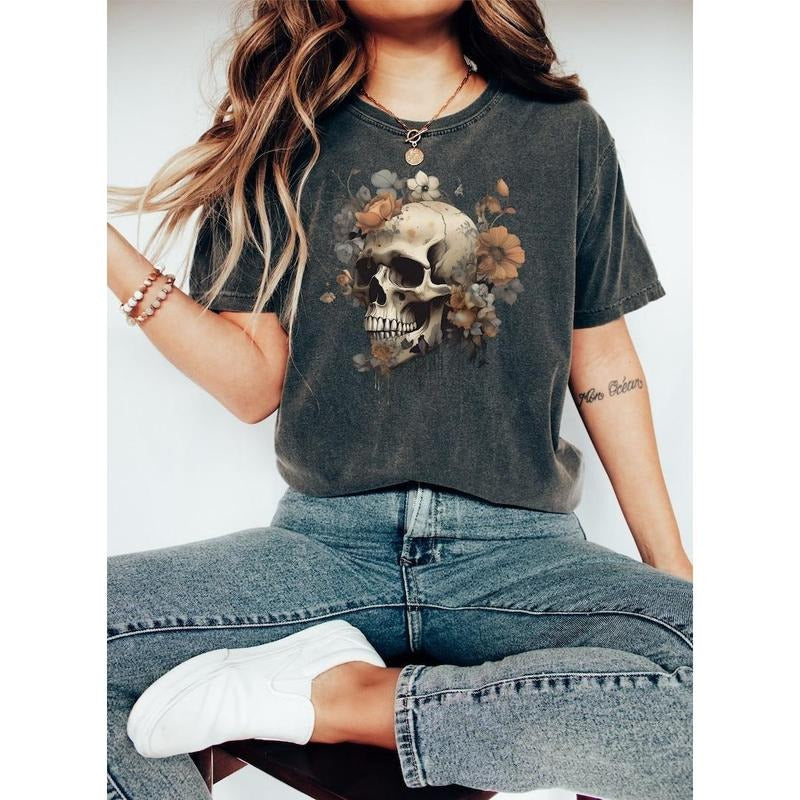 Floral Skull Shirt | Flower Skull Skeleton Shirt | Halloween Skull Tee | Skull T-Shirt | Skull Tshirt | Floral Skull Boho Graphic Tee