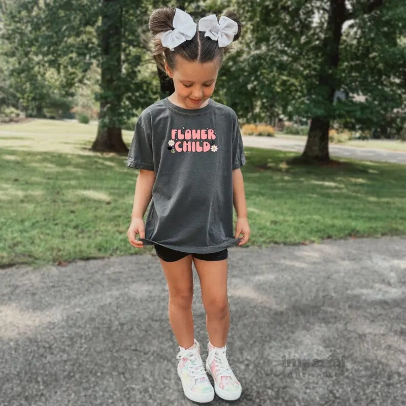 Flower Child Youth Sweatshirt and Kid's Comfort Colors T-Shirt, Cozy Floral Sweatshirt, Aesthetic 70s-Inspired Kids Apparel, Youth Sweatshirt