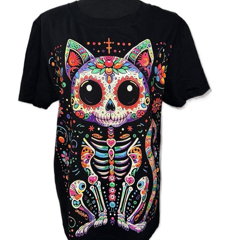 Fluorescent Cat T-Shirt with Colorful Skeleton Design for Men and Women Top Shortsleeve Crewneck Tshirt