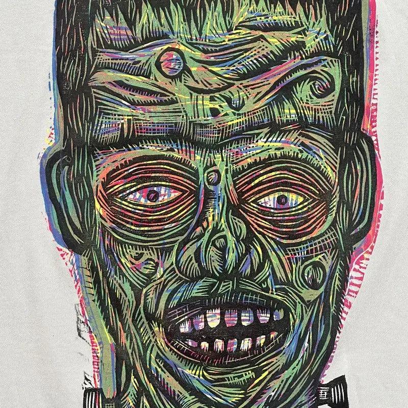 Frankenstein Woodcut Hand printed T Shirt Menswear graphic tees Cotton Top Soft Long