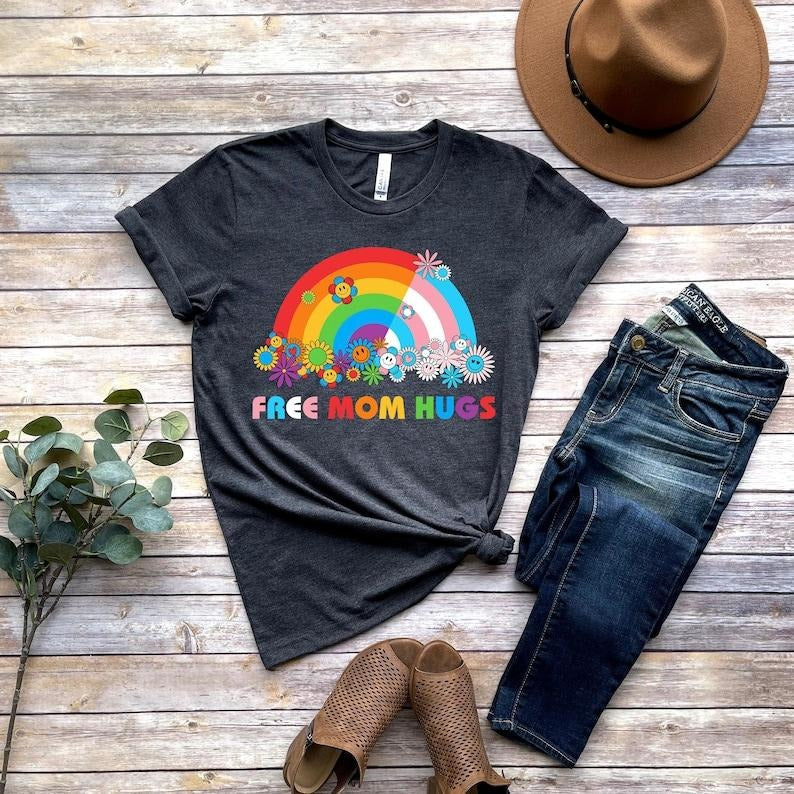 Free Mom Hugs T-Shirt, Proud Mom Apparel, Rainbow Gay Pride T-Shirt, Lgbtq Proud Parent Shirt, Equality Gifts, Rainbow Heart Shirt,Proud Tee style 02