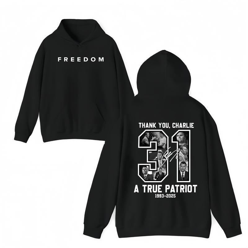 FreeDom -Thank You Charlie Kirk 31 A True Patriot 1993-2025 Hoodie, A True Patriot Charlie Kirk Hoodie, Patriotic Graphic Pullover, Freedom Memorial Top, Political Activism Apparel, Unisex Streetwear USA Flag Shirt for Men and Women