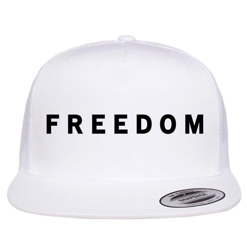 Freedom Charlie Kirk Patriotic Faith Political Awareness USA Christian Faith Flat Bill Trucker Hat White Mesh Snapback