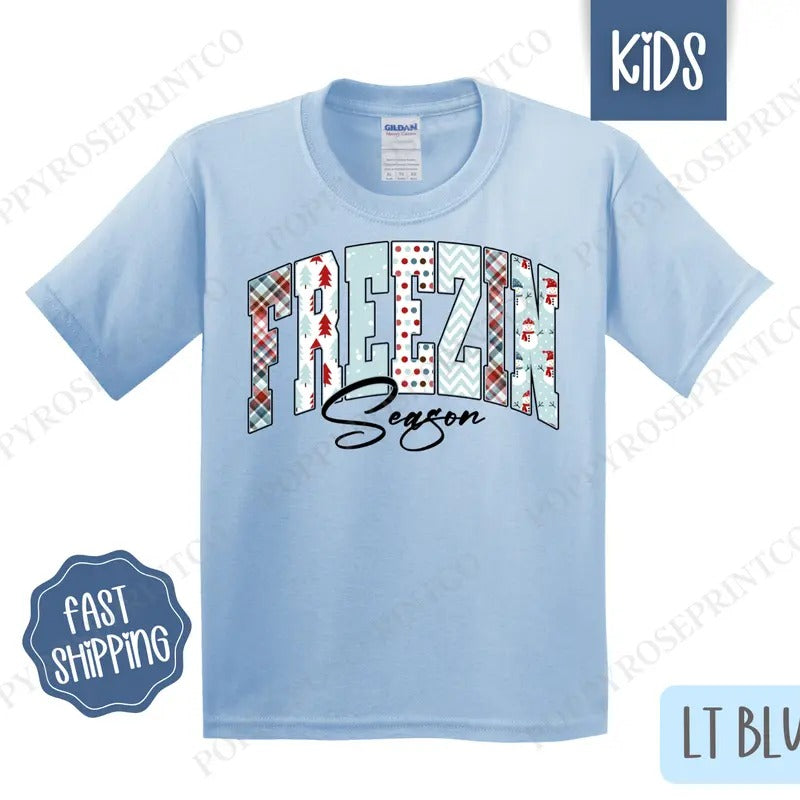 Freezin' Season Kids Shirt - Cute Winter Children's Tshirt - Youth Winter Tee Gildan