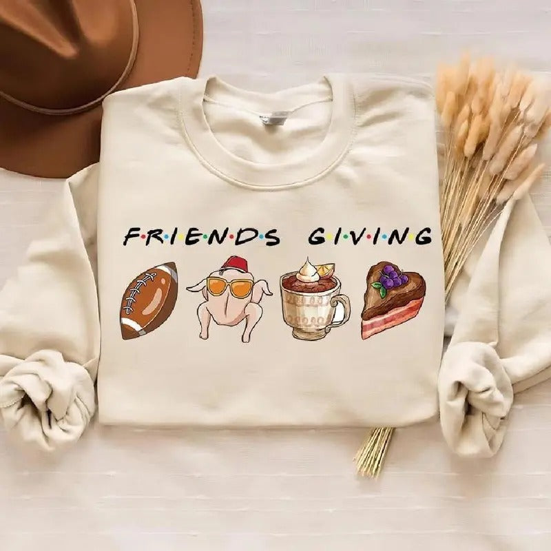 Friendsgiving Shirt, Turkey Thanksgiving Football Pumpkin Pie Tshirt, The One With All Thanksgivings Vintage T Shirt Friends Lovers Tv Show T Shirt