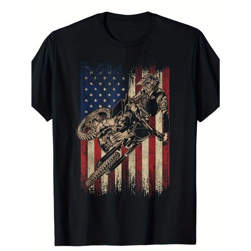 Fun American Flag Motocross Dirt Bike Enthusiast T-Shirt - USA Flag Design Made in USA