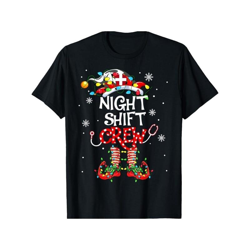 Funny Christmas Elf T-Shirt for Christmas Night Shift, with Christmas Lights for Men Women, Christmas Gift, Halloween Gift, New year Gift, Thanksgiving day Gift for Men Women Dad Mom Friend, Unisex Soft Fabric, 100% cotton Made in USA