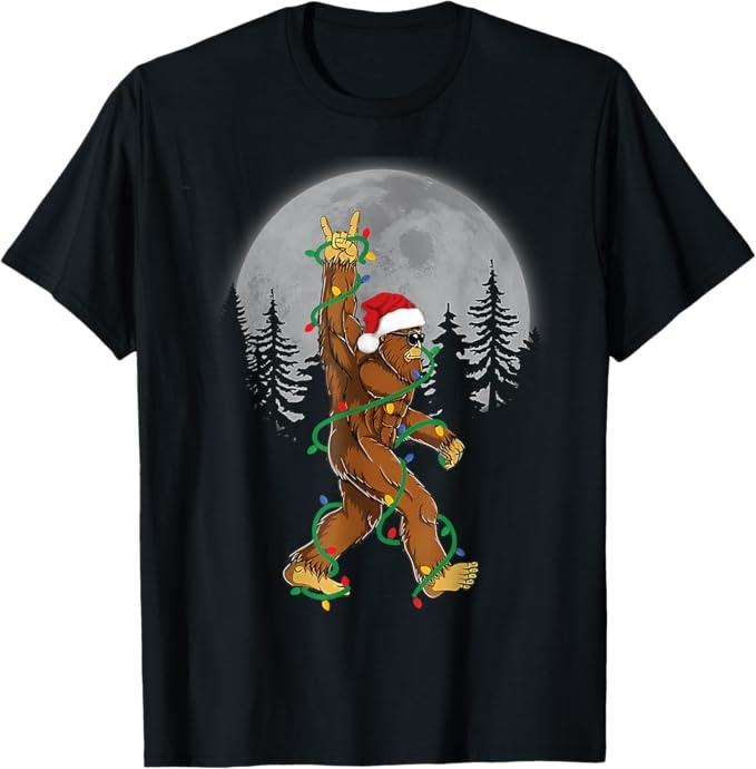 Funny Christmas Shirt, Christmas Gift, Bigfoot Santa Christmas Tree Lights Funny Xmas Sasquatch T-Shirt - Menswear Top