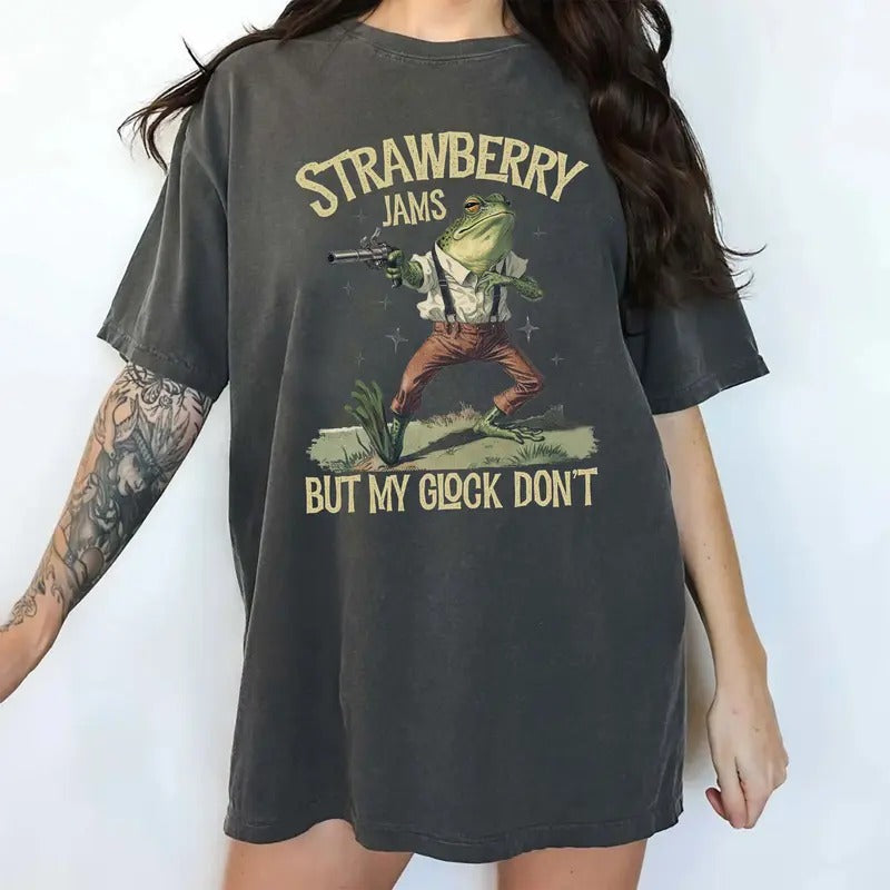 Funny Frog Strawberry Jams But My Glock Don't Shirt Comfort Colors, Wild West Frog Tee, Cool Frog Meme Tops, Western Cowboy T-shirt, Cotton Womenswear