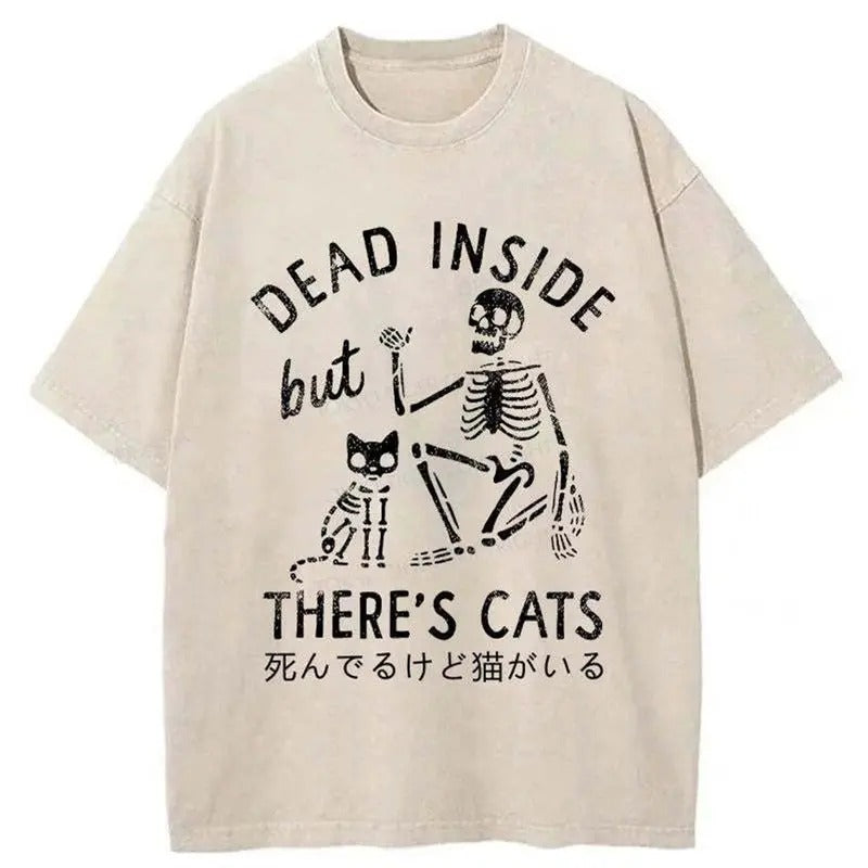 Funny Meme Japanese Skeleton And Cat Shirt, Dead Inside But There's Cats Merch, Vintage Retro Shirt Gift, Unisex Classic Cotton Humorous Quote Merch