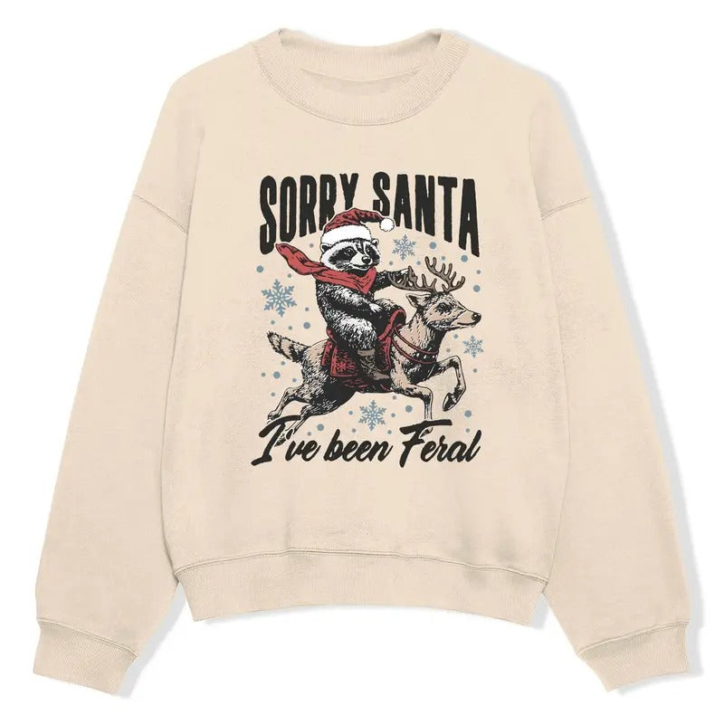 Funny Meme, Sorry Santa I've Been Feral Sweatshirt, Unisex Comfort Christmas Raccoon Merch, Vintage Funny Christmas Sweatshirt, Retro Holiday Gift