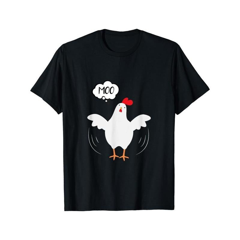 Funny Moo Chicken Graphic Print Crew Neck Short Sleeve T-shirt For Men, Casual Summer T-Shirt For Daily Wear And Vacation Resorts Made in USA