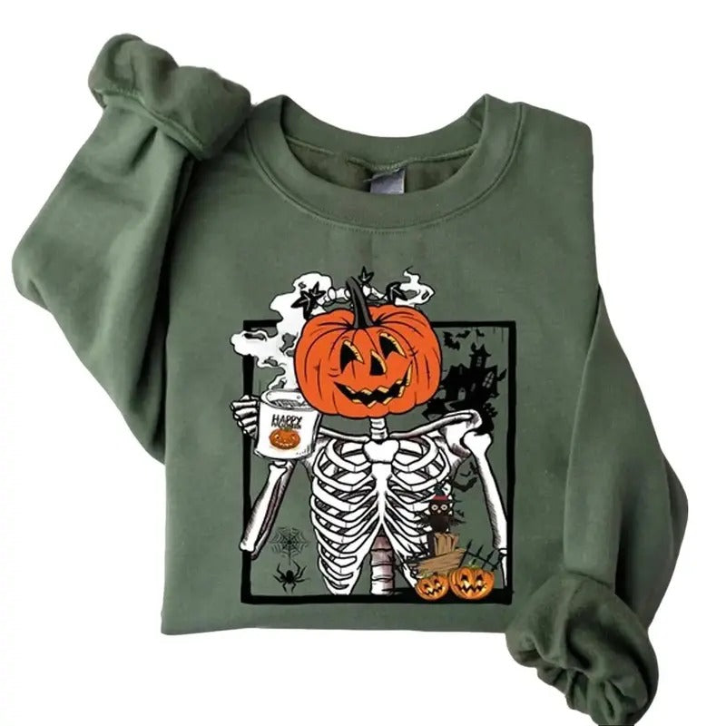 Funny Pumpkin Skeleton Drinking Coffee Sweatshirt, Coffee pumpkin Lover Unisex Sweatshirt Full Colors Full Sizes Menswear Hoodie