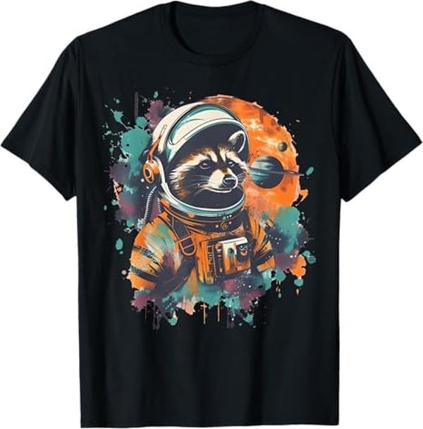 Funny Raccoon Shirt, Funny Astronaut Raccoon Graphic Retro Cosmic Racoon In Space T-Shirt For Men - Menswear Top Vintage Raccoon