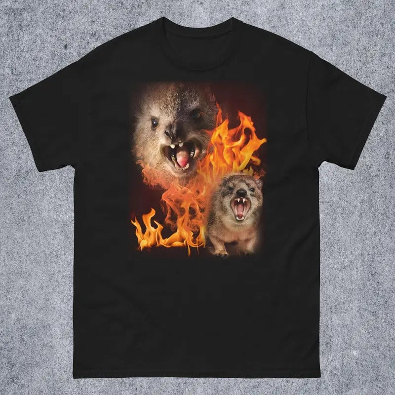 Funny Rock Hyrax Fire Meme Tee Shirt Gift for Woman and Man, Stupid Gifts, Cringe T-shirt, Ugly Shirts, Unhinged Clothes, Inappropriate Tees
