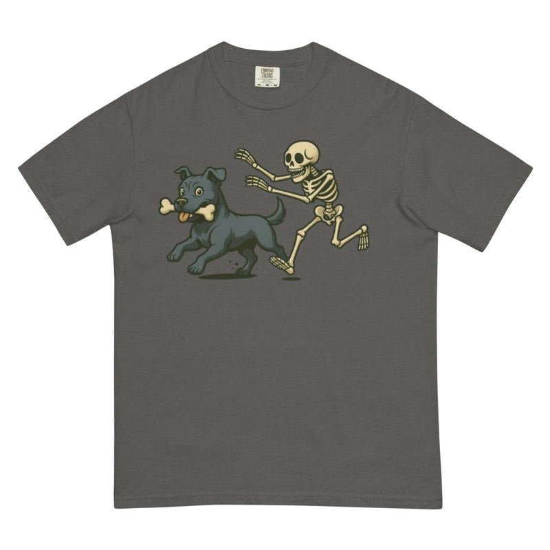 Funny Skeleton Chasing Blue Pitbull Dog Halloween T-Shirt | Spooky Graphic Tee Comfort Colors Style