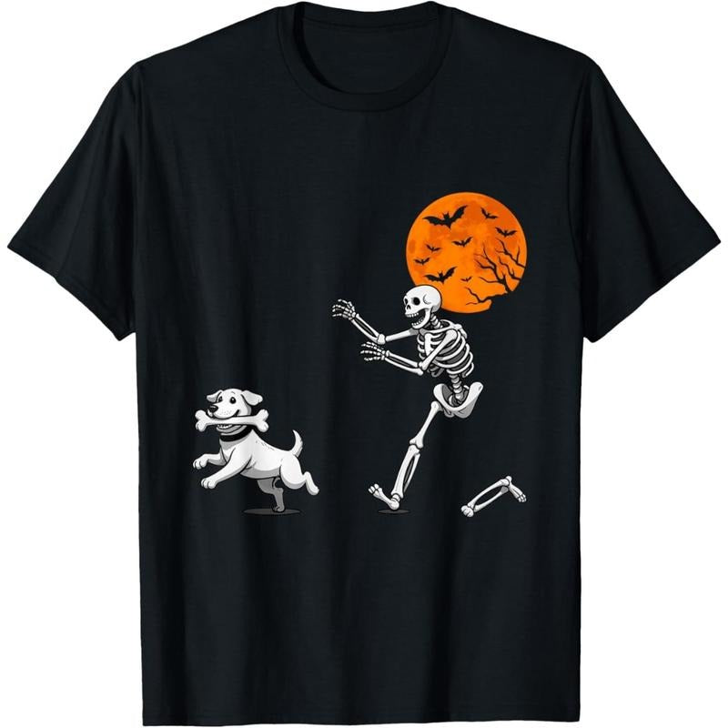 Funny Spooky Humor Halloween Skeleton Chasing Dog T-Shirt made in usa