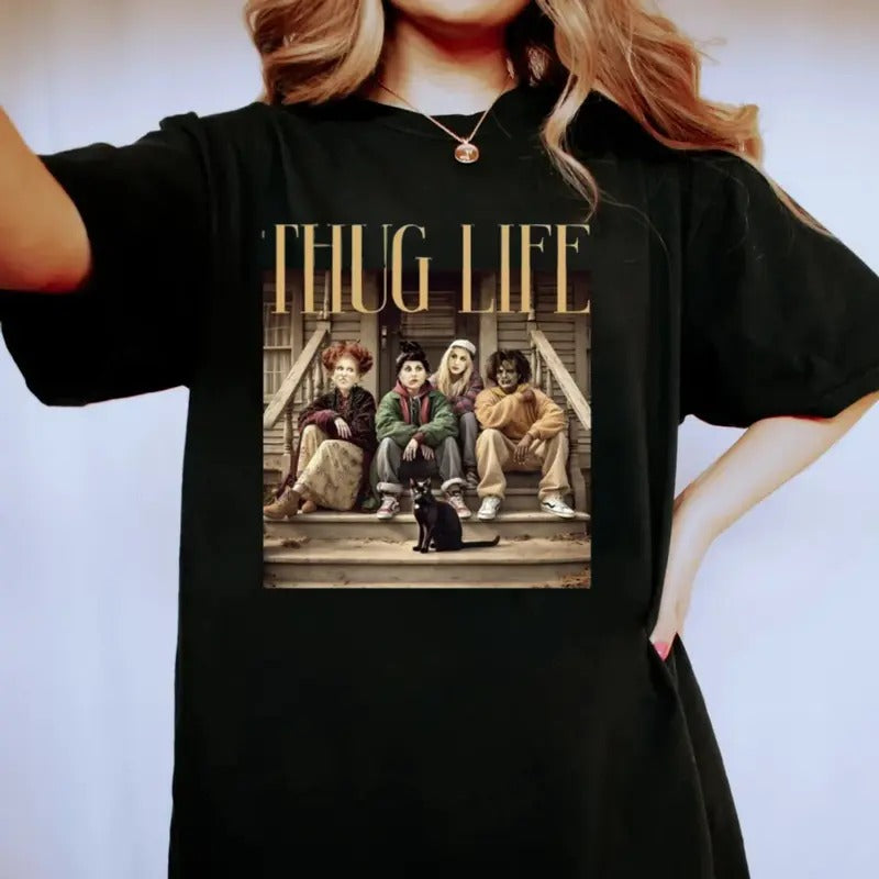 Funny Thug Life Hocus Pocus Shirt, Sanderson Sisters, Bad Witches Shirt, Funny Halloween Unisex Short Sleeve Tee Shirt Top Womenswear